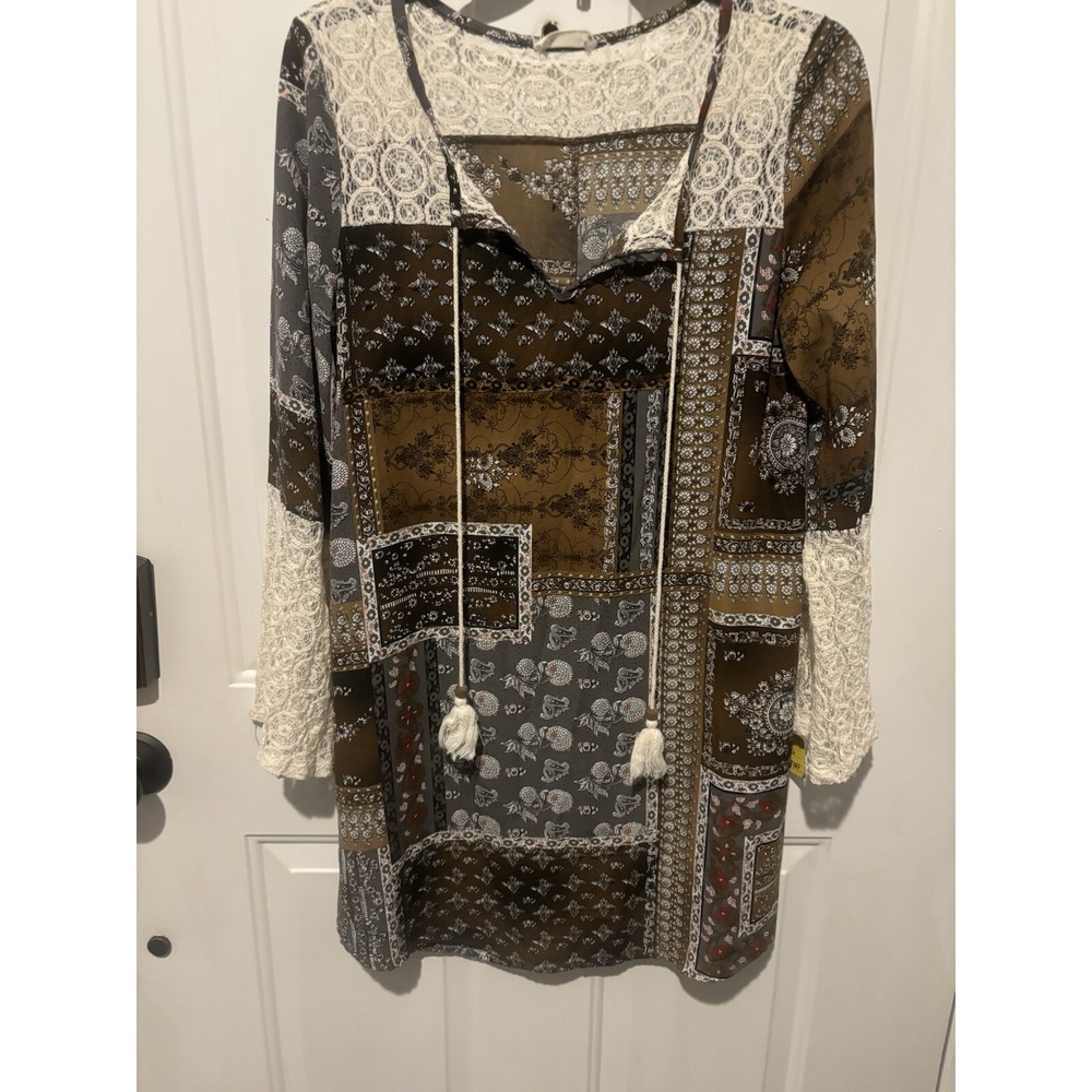Flamingo Urban Boho Dress Size Small Tiered Lace Artsy Women's Black Brown